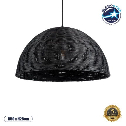 GloboStar® MONTANA 02383 Boho Κρεμαστό Φωτιστικό Οροφής Μονόφωτο 1 x E27 AC220-240V IP20 - Φ50 x Υ25cm - Μαύρο Μπαμπού Πλέγμα Καμπάνα - 5 Χρόνια Εγγύηση