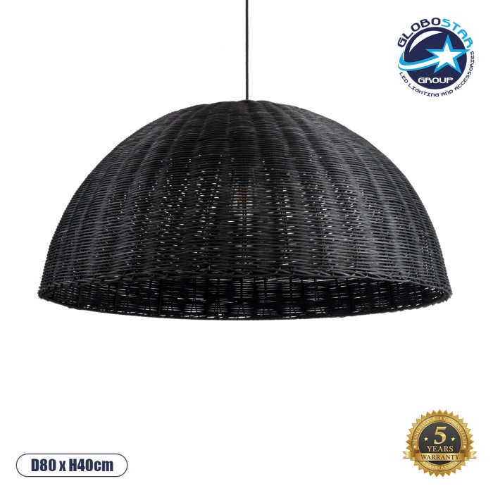 GloboStar® MONTANA 02384 Boho Κρεμαστό Φωτιστικό Οροφής Μονόφωτο 1 x E27 AC220-240V IP20 - Φ80 x Υ40cm - Μαύρο Μπαμπού Πλέγμα Καμπάνα - 5 Χρόνια Εγγύηση