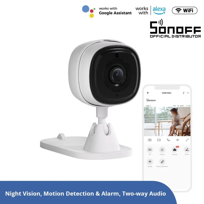 GloboStar® 80105 SONOFF S-CAM Slim Smart Home Security Camera WiFi 2.4GHz 1080P 130° Two Way Audio - Local & Cloud Storage - Nigh Vision - Motion Detection - Motion Alarm DC 5V 1A