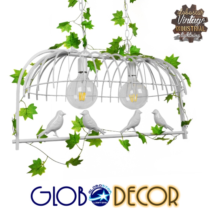 GloboStar® NEST 01644 Vintage Industrial Κρεμαστό Φωτιστικό Οροφής Δίφωτο 2 x E27 Λευκό Μεταλλικό Πλέγμα Μ73.6 x Π37.5 x Y38cm