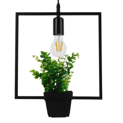 GloboStar® FLOWERPOT 10001211 Μοντέρνο Κρεμαστό Φωτιστικό Οροφής Μονόφωτο 1 x E27 Μαύρο Μεταλλικό με Διακοσμητικό Φυτό Φ30 x Y30cm