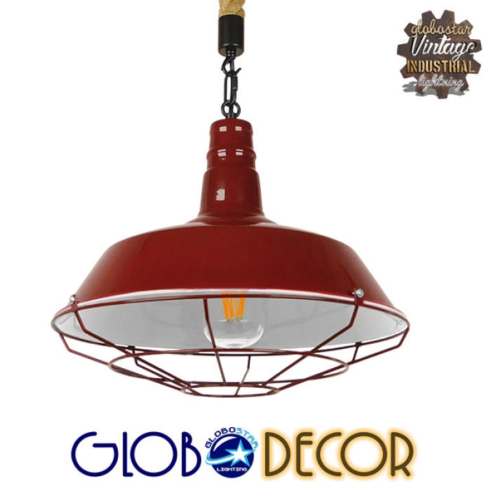 GloboStar® CRANE 01410 Vintage Industrial Κρεμαστό Φωτιστικό Οροφής Μονόφωτο 1 x E27 Μπορντό Κόκκινο Λευκό Μεταλλικό Καμπάνα Πλέγμα με Μπεζ Σχοινί Φ36 x Υ31cm