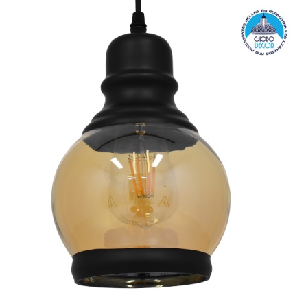 GloboStar® OLIVER 01505 Vintage Κρεμαστό Φωτιστικό Οροφής Μονόφωτο 1 x E27 Μαύρο Γυάλινο Μελί Διάφανο Φ16 x Υ25cm