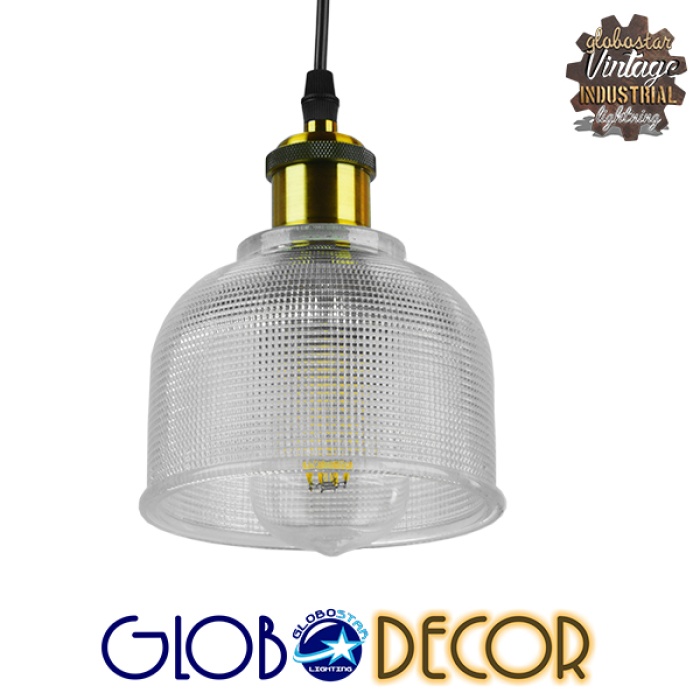 GloboStar® SEGRETO 01447 Vintage Κρεμαστό Φωτιστικό Οροφής Μονόφωτο 1 x E27 Γυάλινο Διάφανο Καμπάνα με Χρυσό Ντουί Φ14 x 18cm