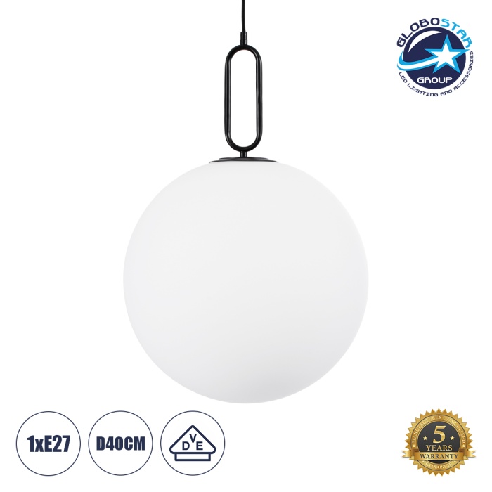 GloboStar® BELLISSIMO 61491 Μοντέρνο Κρεμαστό Φωτιστικό Οροφής Μονόφωτο 1 x E27 Γαλακτερή Γυάλινη Μπάλα με Μεταλλικό Μαύρο Ματ Σώμα Φ40 x Υ62cm