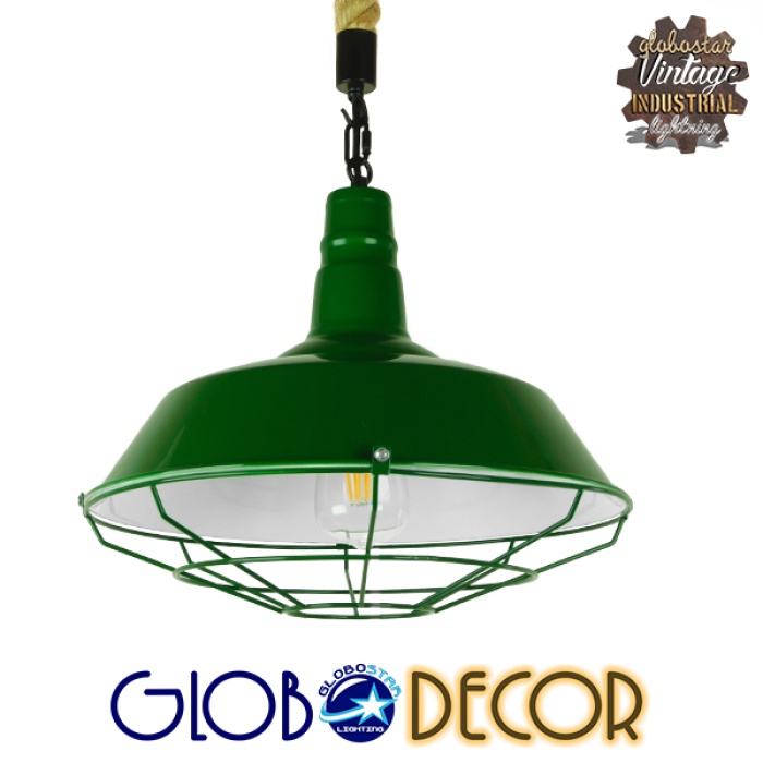 GloboStar® CRANE 01408 Vintage Industrial Κρεμαστό Φωτιστικό Οροφής Μονόφωτο 1 x E27 Πράσινο Λευκό Μεταλλικό Καμπάνα Πλέγμα με Μπεζ Σχοινί Φ36 x Υ31cm