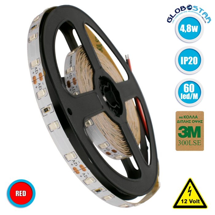 GloboStar® 70004 Ταινία LED SMD 2835 5m 4.8W/m 60LED/m 412lm/m 120° DC 12V IP20 Κόκκινο