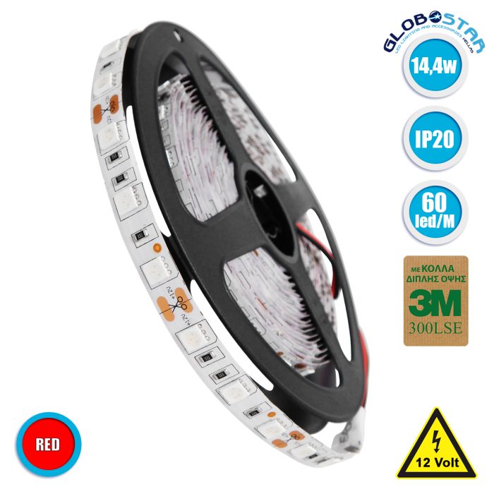 GloboStar® 70024 Ταινία LED SMD 5050 5m 14.4W/m 60LED/m 1454lm/m 120° DC 12V IP20 Κόκκινο - 5 Χρόνια Εγγύηση