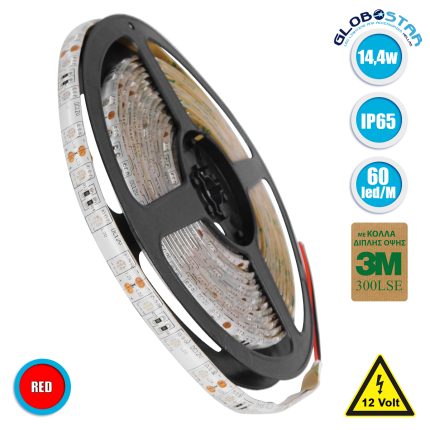 GloboStar® 70124 Ταινία LED SMD 5050 5m 14.4W/m 60LED/m 1454lm/m 120° DC 12V Αδιάβροχη IP65 Κόκκινο - 5 Χρόνια Εγγύηση