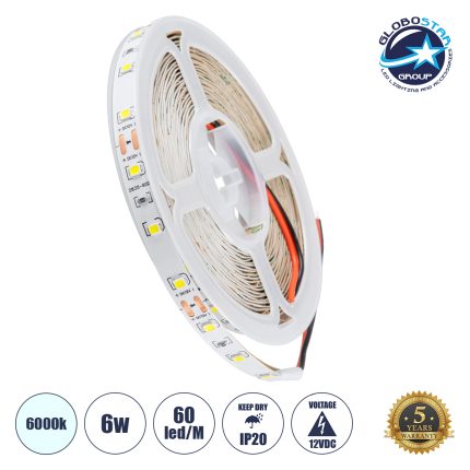 GloboStar® LILAC 70140 Ταινία LED 6W/m 720lm/m 120° DC 12V IP20 - 60 x SMD 2835 LED Chip/Μέτρο - Μ5000 x Π8 x Υ1mm - Ρολό 5 Μέτρων - Ψυχρό Λευκό 6000K - 5 Χρόνια Εγγύηση