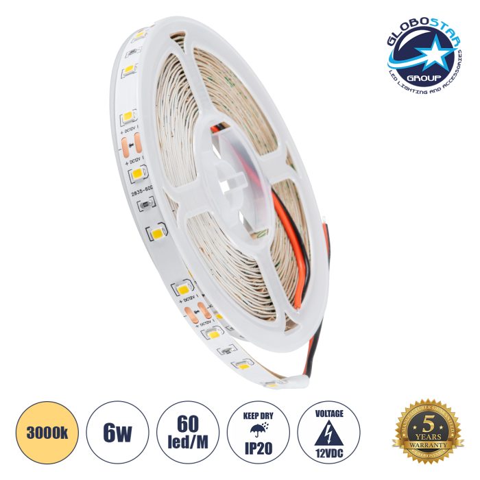 GloboStar® LILAC 70142 Ταινία LED 6W/m 660lm/m 120° DC 12V IP20 - 60 x SMD 2835 LED Chip/Μέτρο - Μ5000 x Π8 x Υ1mm - Ρολό 5 Μέτρων - Θερμό Λευκό 3000K - 5 Χρόνια Εγγύηση