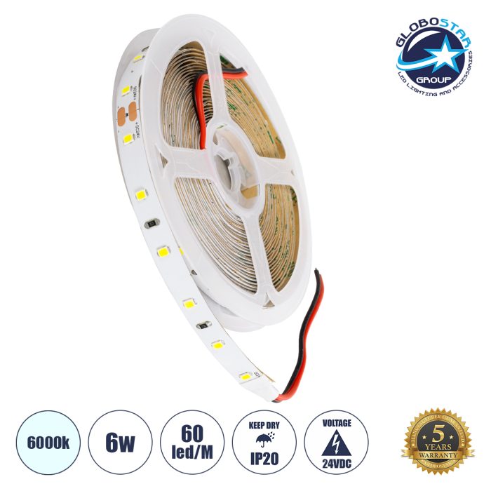 GloboStar® LILAC 70200 Ταινία LED 6W/m 720lm/m 120° DC 24V IP20 - 60 x SMD 2835 LED Chip/Μέτρο - Μ5000 x Π8 x Υ1mm - Ρολό 5 Μέτρων - Ψυχρό Λευκό 6000K - 5 Χρόνια Εγγύηση