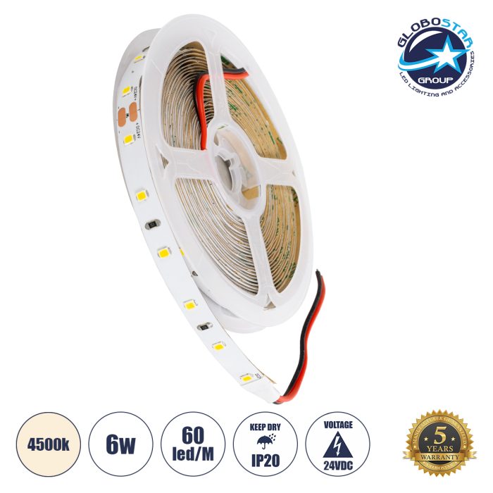 GloboStar® LILAC 70201 Ταινία LED 6W/m 690lm/m 120° DC 24V IP20 - 60 x SMD 2835 LED Chip/Μέτρο - Μ5000 x Π8 x Υ1mm - Ρολό 5 Μέτρων - Φυσικό Λευκό 4500K - 5 Χρόνια Εγγύηση