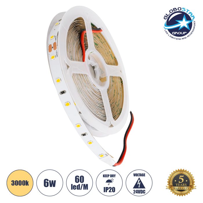 GloboStar® LILAC 70202 Ταινία LED 6W/m 660lm/m 120° DC 24V IP20 - 60 x SMD 2835 LED Chip/Μέτρο - Μ5000 x Π8 x Υ1mm - Ρολό 5 Μέτρων - Θερμό Λευκό 3000K - 5 Χρόνια Εγγύηση