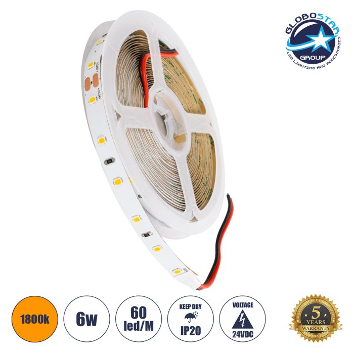 GloboStar® LILAC 70203 Ταινία LED 6W/m 600lm/m 120° DC 24V IP20 - 60 x SMD 2835 LED Chip/Μέτρο - Μ5000 x Π8 x Υ1mm - Ρολό 5 Μέτρων - Ultra Θερμό Λευκό 1800K - 5 Χρόνια Εγγύηση