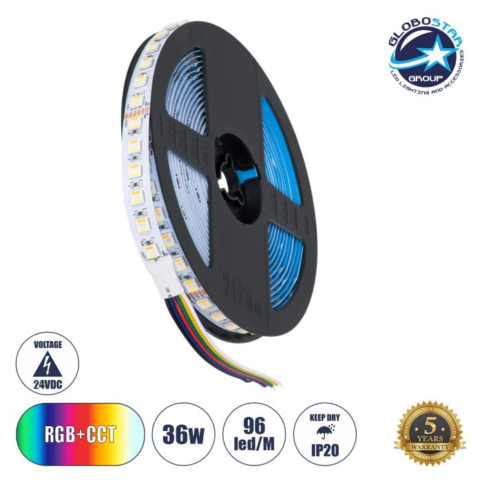 GloboStar® 70264 Ταινία LED SMD 5050 RGBW + WW 5in1 5m 36W/m 72LED/m 120° DC 24V IP20 3600lm/m Πολύχρωμη RGB - Ψυχρό Λευκό 6000K - Φυσικό Λευκό 4500K - Θερμό Λευκό 2700K - 5 Χρόνια Εγγύηση