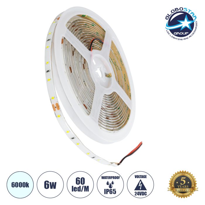 GloboStar® LILAC 70300 Ταινία LED 6W/m 720lm/m 120° DC 24V Αδιάβροχη IP65 - 60 x SMD 2835 LED Chip/Μέτρο - Μ5000 x Π8 x Υ2mm - Ρολό 5 Μέτρων - Ψυχρό Λευκό 6000K - 5 Χρόνια Εγγύηση