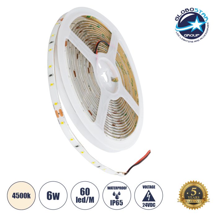 GloboStar® LILAC 70301 Ταινία LED 6W/m 690lm/m 120° DC 24V Αδιάβροχη IP65 - 60 x SMD 2835 LED Chip/Μέτρο - Μ5000 x Π8 x Υ2mm - Ρολό 5 Μέτρων - Φυσικό Λευκό 4500K - 5 Χρόνια Εγγύηση