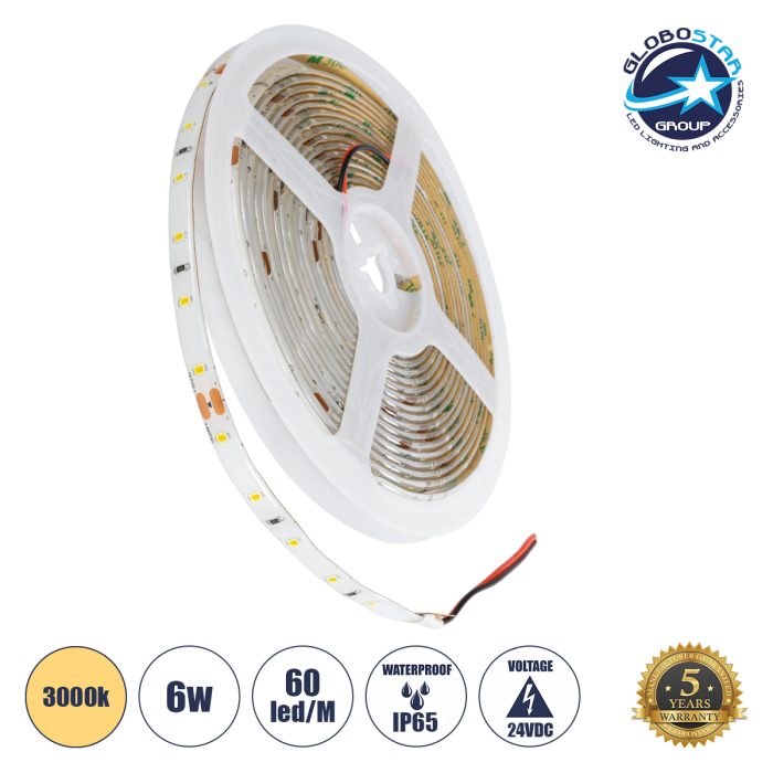 GloboStar® LILAC 70302 Ταινία LED 6W/m 660lm/m 120° DC 24V Αδιάβροχη IP65 - 60 x SMD 2835 LED Chip/Μέτρο - Μ5000 x Π8 x Υ2mm - Ρολό 5 Μέτρων - Θερμό Λευκό 3000K - 5 Χρόνια Εγγύηση