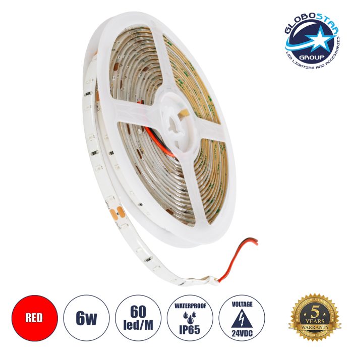 GloboStar® LILAC 70304 Ταινία LED 6W/m 480lm/m 120° DC 24V Αδιάβροχη IP65 - 60 x SMD 2835 LED Chip/Μέτρο - Μ5000 x Π8 x Υ2mm - Ρολό 5 Μέτρων - Κόκκινο - 5 Χρόνια Εγγύηση