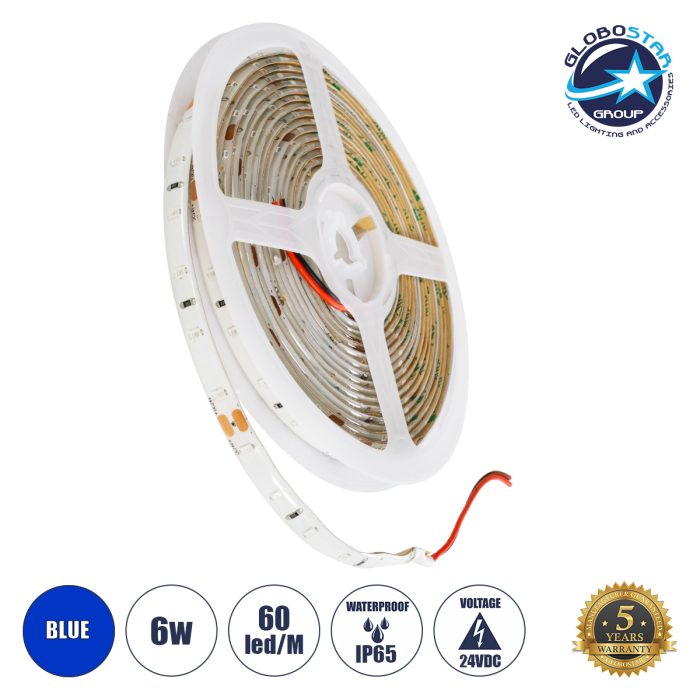 GloboStar® LILAC 70306 Ταινία LED 6W/m 480lm/m 120° DC 24V Αδιάβροχη IP65 - 60 x SMD 2835 LED Chip/Μέτρο - Μ5000 x Π8 x Υ2mm - Ρολό 5 Μέτρων - Μπλε - 5 Χρόνια Εγγύηση