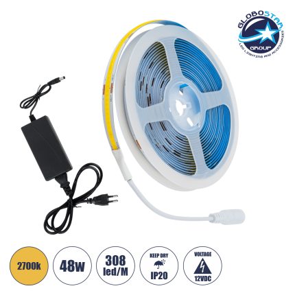 GloboStar® 70415 Σετ Ταινία COB LED 5m 48W/5m 308LED/m 768lm/m 120° DC 12V IP20 με Τροφοδοτικό Θερμό Λευκό 2700K