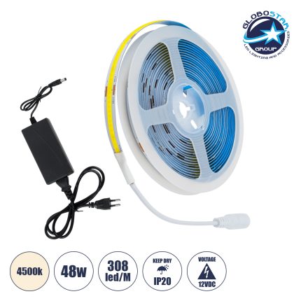 GloboStar® 70416 Σετ Ταινία COB LED 5m 48W/5m 308LED/m 816lm/m 120° DC 12V IP20 με Τροφοδοτικό Φυσικό Λευκό 4500K