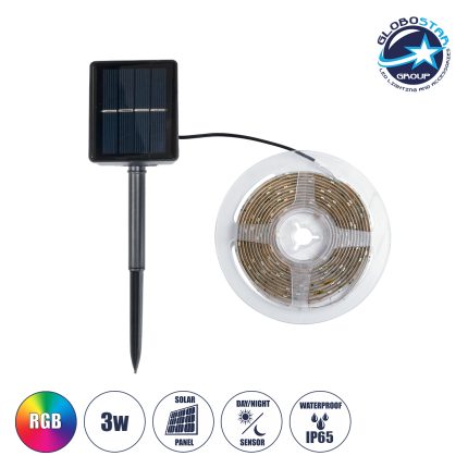 GloboStar® SOLAR LEDSTRIP 70421 Αυτόνομο Ηλιακό Σετ Ταινία LED 3m 3W/3m 90LED 2835 SMD 30lm/m 120° με Ενσωματωμένα Προγράμματα Λειτουργίας - Αδιάβροχο IP65 - RGB - Μ300 x Π0.8 x Υ0.3cm - 2 Χρόνια Εγγύηση