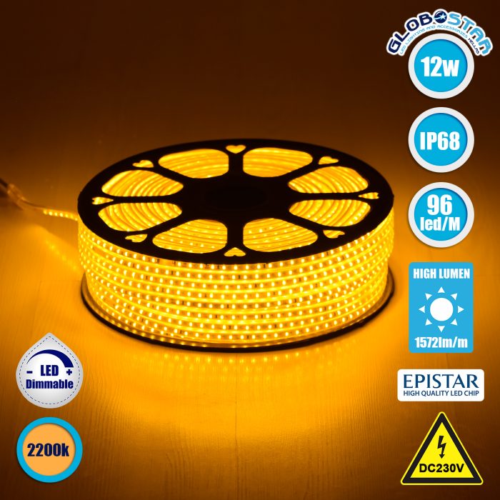 GloboStar® 70503 Slim Ταινία Μονής Σειράς Epistar LED SMD 2835 1m 12W/m 96LED/m 1572lm/m 120° DC 230V Αδιάβροχη IP68 Ultra Θερμό Λευκό 2200K Dimmable