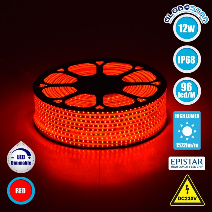 GloboStar® 70504 Slim Ταινία Μονής Σειράς Epistar LED SMD 2835 1m 12W/m 96LED/m 1572lm/m 120° DC 230V Αδιάβροχη IP68 Κόκκινο Dimmable