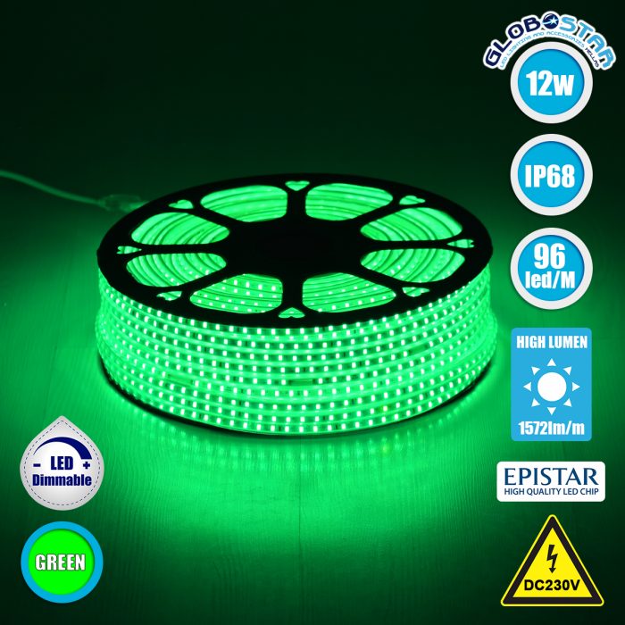 GloboStar® 70505 Slim Ταινία Μονής Σειράς Epistar LED SMD 2835 1m 12W/m 96LED/m 1572lm/m 120° DC 230V Αδιάβροχη IP68 Πράσινο Dimmable