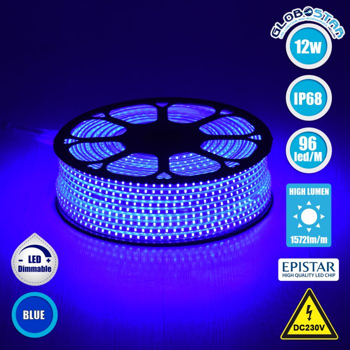 GloboStar® 70506 Slim Ταινία Μονής Σειράς Epistar LED SMD 2835 1m 12W/m 96LED/m 1572lm/m 120° DC 230V Αδιάβροχη IP68 Μπλε Dimmable