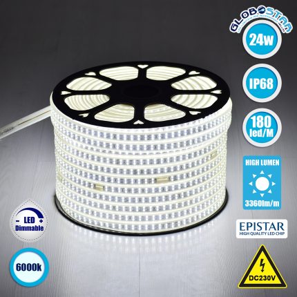 GloboStar® 70510 Wide Ταινία Διπλής Σειράς Epistar LED SMD 2835 1m 24W/m 180LED/m 3360lm/m 120° DC 230V Αδιάβροχη IP68 Ψυχρό Λευκό 6000K Dimmable