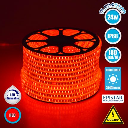 GloboStar® 70514 Wide Ταινία Διπλής Σειράς Epistar LED SMD 2835 1m 24W/m 180LED/m 3144lm/m 120° DC 230V Αδιάβροχη IP68 Κόκκινο Dimmable