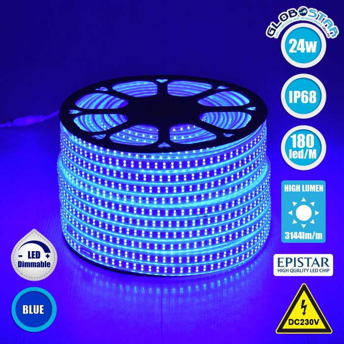 GloboStar® 70516 Wide Ταινία Διπλής Σειράς Epistar LED SMD 2835 1m 24W/m 180LED/m 3144lm/m 120° DC 230V Αδιάβροχη IP68 Μπλε Dimmable