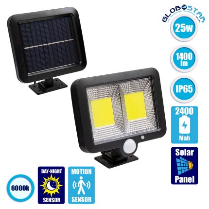 GloboStar® 71461 Αυτόνομος Ηλιακός Προβολέας LED 108 2 x COB 25W 1400lm με Ενσωματωμένη Μπαταρία 2400mAh - Φωτοβολταϊκό Πάνελ με Αισθητήρα Ημέρας-Νύχτας - PIR Αισθητήρα Κίνησης Αδιάβροχο IP65 Ψυχρό Λευκό 6000K