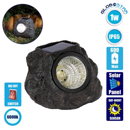 GloboStar® 71484 Αυτόνομο Ηλιακό Φωτιστικό LED SMD 1W 100lm με Ενσωματωμένη Μπαταρία 600mAh - Φωτοβολταϊκό Πάνελ με Αισθητήρα Ημέρας-Νύχτας Αδιάβροχο IP65 Διακοσμητική Πέτρα - Βράχος Κήπου Ψυχρό Λευκό 6000K