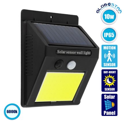 GloboStar® 71495 Αυτόνομο Ηλιακό Φωτιστικό LED COB 10W 1000lm με Ενσωματωμένη Μπαταρία 1200mAh - Φωτοβολταϊκό Πάνελ με Αισθητήρα Ημέρας-Νύχτας και PIR Αισθητήρα Κίνησης Αδιάβροχο IP65 Ψυχρό Λευκό 6000K