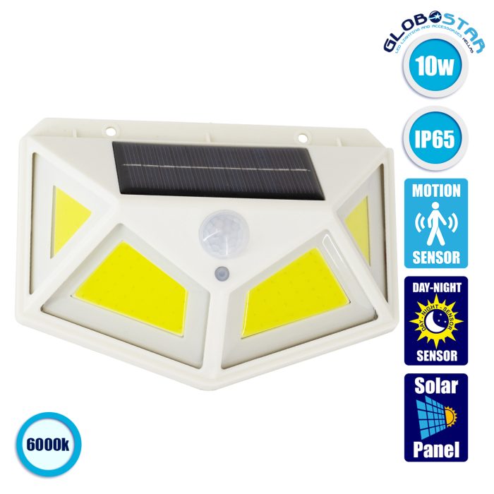 GloboStar® 71497 Αυτόνομο Ηλιακό Φωτιστικό LED COB 10W 1000lm με Ενσωματωμένη Μπαταρία 1200mAh - Φωτοβολταϊκό Πάνελ με Αισθητήρα Ημέρας-Νύχτας και PIR Αισθητήρα Κίνησης Αδιάβροχο IP65 Ψυχρό Λευκό 6000K