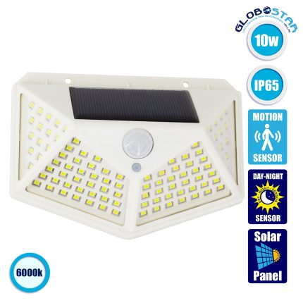 GloboStar® 71498 Αυτόνομο Ηλιακό Φωτιστικό LED SMD 10W 1000lm με Ενσωματωμένη Μπαταρία 1200mAh - Φωτοβολταϊκό Πάνελ με Αισθητήρα Ημέρας-Νύχτας και PIR Αισθητήρα Κίνησης Αδιάβροχο IP65 Ψυχρό Λευκό 6000K