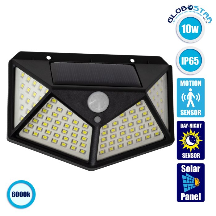 GloboStar® 71499 Αυτόνομο Ηλιακό Φωτιστικό LED SMD 10W 1000lm με Ενσωματωμένη Μπαταρία 1200mAh - Φωτοβολταϊκό Πάνελ με Αισθητήρα Ημέρας-Νύχτας και PIR Αισθητήρα Κίνησης Αδιάβροχο IP65 Ψυχρό Λευκό 6000K