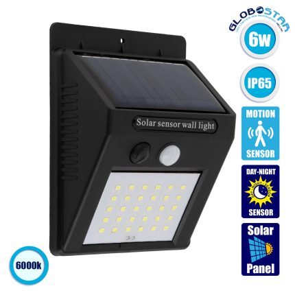 GloboStar® 71500 Αυτόνομο Ηλιακό Φωτιστικό LED SMD 6W 600lm με Ενσωματωμένη Μπαταρία 1200mAh - Φωτοβολταϊκό Πάνελ με Αισθητήρα Ημέρας-Νύχτας και PIR Αισθητήρα Κίνησης Αδιάβροχο IP65 Ψυχρό Λευκό 6000K