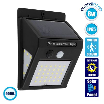 GloboStar® 71501 Αυτόνομο Ηλιακό Φωτιστικό LED SMD 8W 800lm με Ενσωματωμένη Μπαταρία 1200mAh - Φωτοβολταϊκό Πάνελ με Αισθητήρα Ημέρας-Νύχτας και PIR Αισθητήρα Κίνησης Αδιάβροχο IP65 Ψυχρό Λευκό 6000K