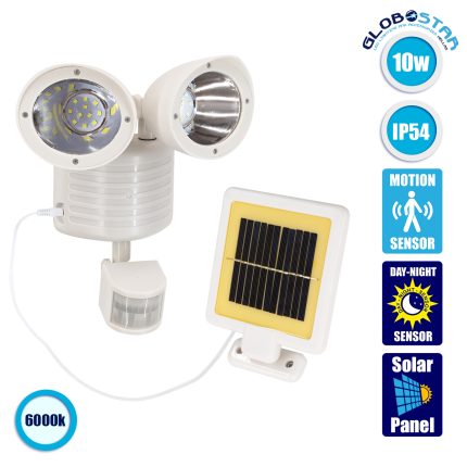 GloboStar® 71508 Λευκό Αυτόνομο Ηλιακό Φωτιστικό LED SMD 10W 150lm με Ενσωματωμένη Μπαταρία 1200mAh - Φωτοβολταϊκό Πάνελ με Αισθητήρα Ημέρας-Νύχτας και PIR Αισθητήρα Κίνησης Αδιάβροχο IP54 Ψυχρό Λευκό 6000K