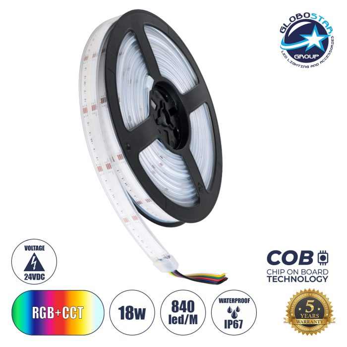 GloboStar® BEE 73416 Ταινία LED 18W/m 1800lm/m 120° DC 24V Αδιάβροχη IP67 - 840 x Micro 5in1 SMD COB LED Chip/Μέτρο - Μ5000 x Π14 x Υ4mm - Ρολό 5 Μέτρων - Πολύχρωμη RGBW+WW - 5 Χρόνια Εγγύηση