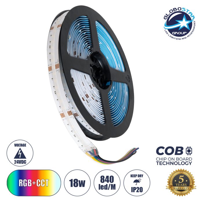 GloboStar® BEE 75589 Ταινία LED 18W/m 1800lm/m 120° DC 24V IP20 - 840 x Micro 5in1 SMD COB LED Chip/Μέτρο - Μ5000 x Π12 x Υ2mm - Ρολό 5 Μέτρων - Πολύχρωμη RGBW+WW - 5 Χρόνια Εγγύηση