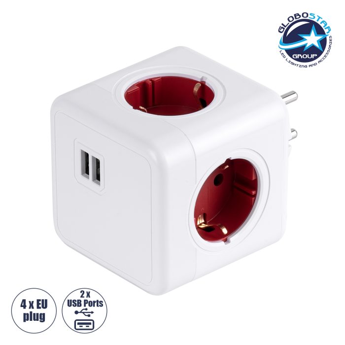 GloboStar® TRAVEL PowerCube PRO Certified 79634 Πολύπριζο 6 Θέσεων με 4 Πρίζες Ασφαλείας Childproof EU Schuko AC 220-240V & 2 Πρίζες USB Max 2.1A/DC 5V Μ7.5 x Π11.5 x Υ7.5 - Λευκό με Κόκκινο - Max Load 3680W/16A