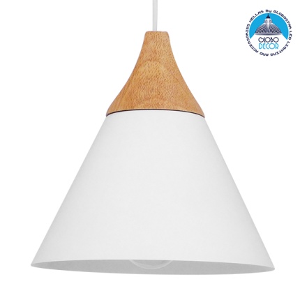 GloboStar® SHADE 00907 Μοντέρνο Κρεμαστό Φωτιστικό Οροφής Μονόφωτο 1 x E27 Λευκό Μεταλλικό με Ξύλο Καμπάνα Φ23 x Υ22cm