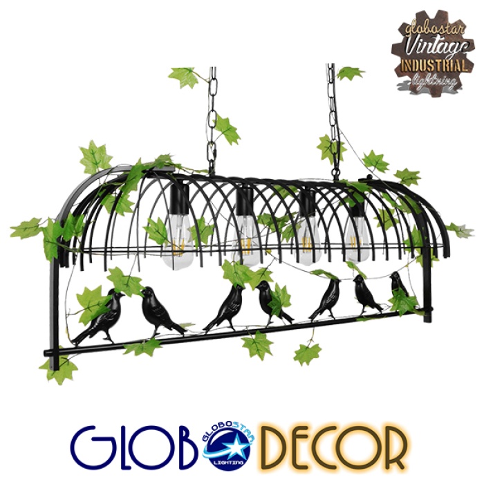 GloboStar® NEST 01255 Vintage Industrial Κρεμαστό Φωτιστικό Οροφής Πολύφωτο 4 x E27 Mαύρο Μεταλλικό Πλέγμα Μ105 x Π36.5 x Y37cm