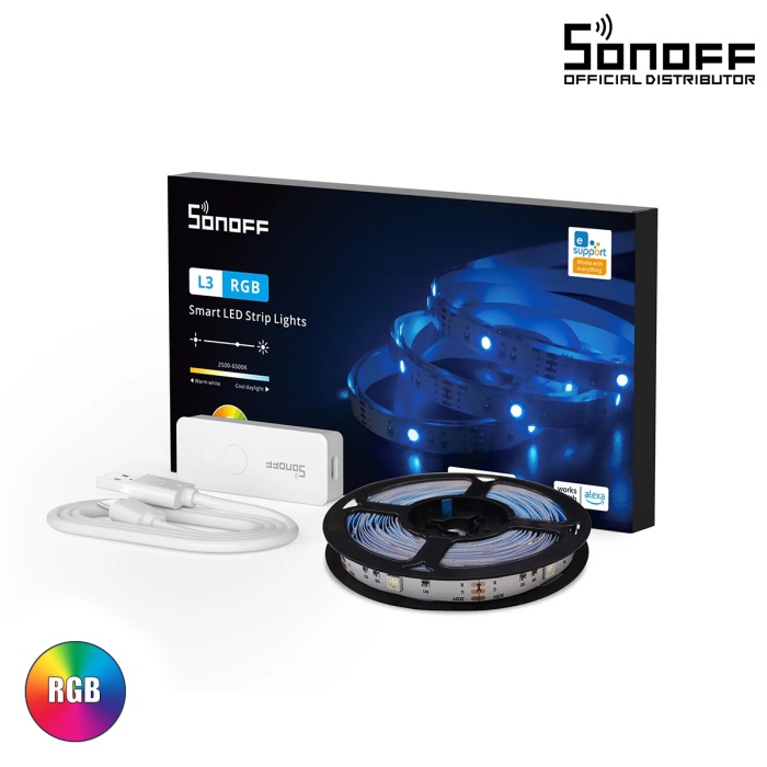 GloboStar® 80098 SONOFF L3-5M RGB Smart LED Strip Light WiFi 2.4GHz 90 SMD/5M 5050 5m Roll & Power Adapter DC 5V Max 10W